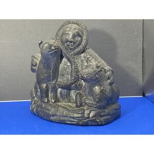 VTG A Wolf Original Canada Soapstone Eskimo W/ Wolves Sculpture Carved Statue